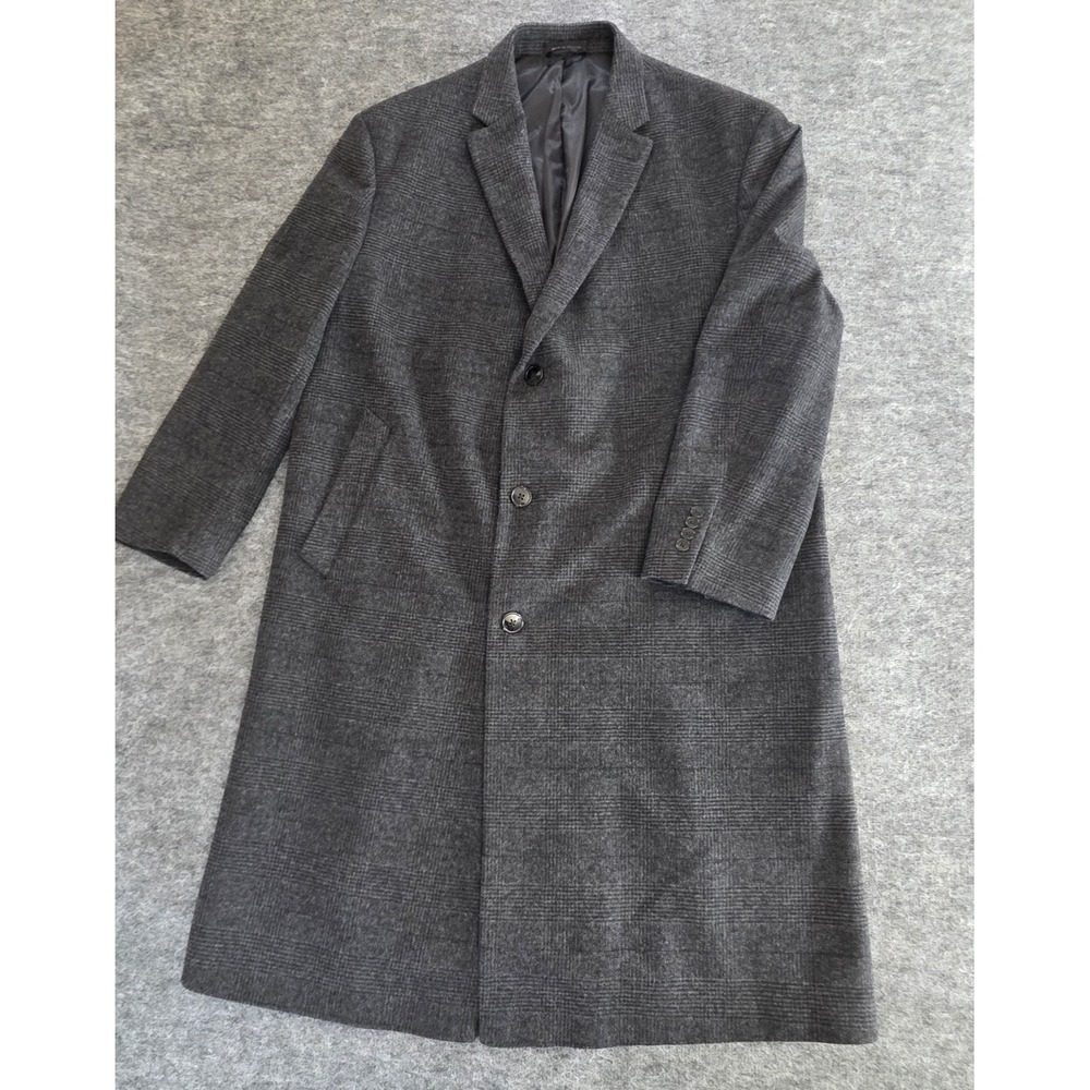 Sean John Trench Coat‎ Mens 50L Gray Plaid Wool Blend Overcoat Long